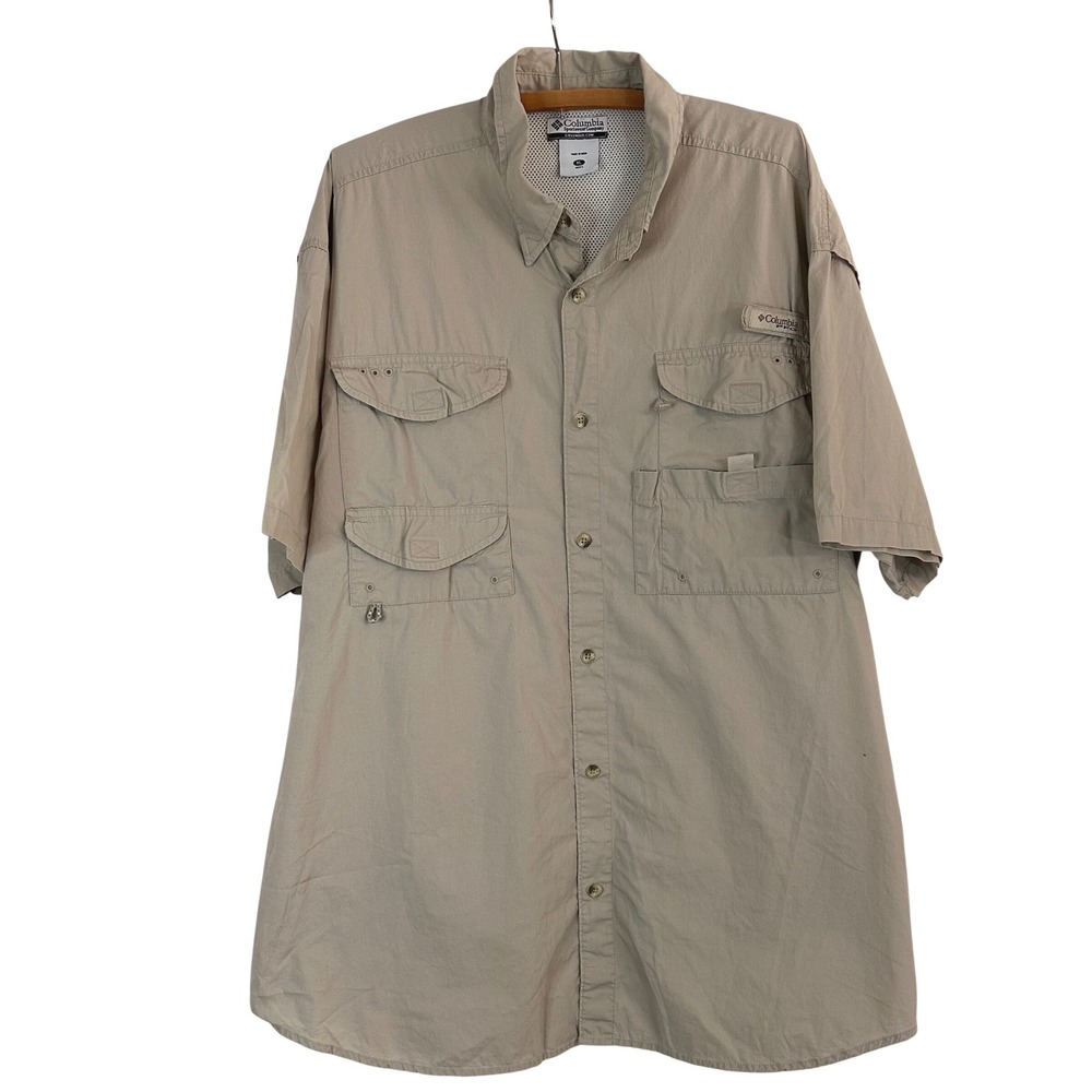 Columbia PFG Bahama II Short Sleeve Fishing Shirt Men's XL Tan Khaki Button Down